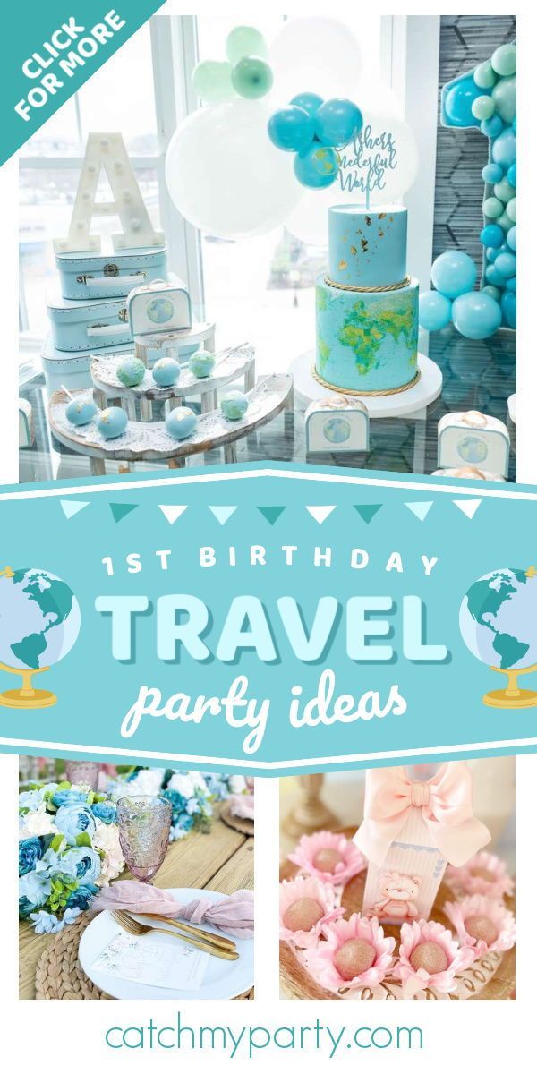 a travel party with balloons, cake and decorations