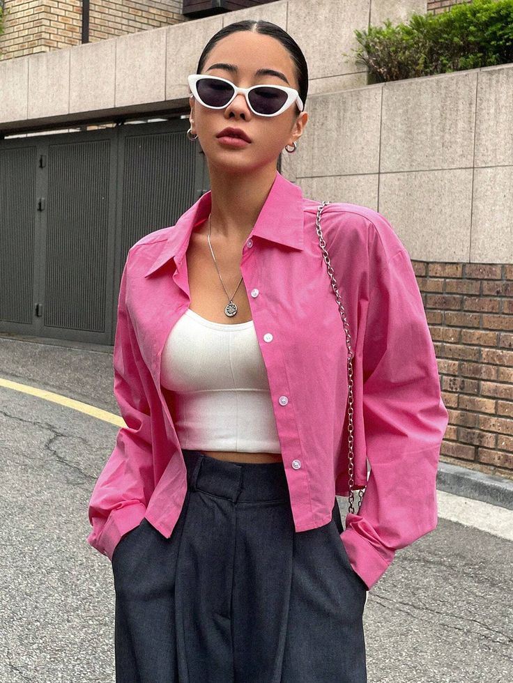 DAZY Solid Drop Shoulder Button Front Shirt | SHEIN USA Cropped Pink Shirt Outfit, Pink Crop Shirt Outfit, Pink Collared Shirt Outfit, Pink Button Down Outfit, Pink Shirt Outfit Aesthetic, Pink Button Up Shirt Outfit, Pink Blouse Outfit, Hot Pink Shirt Outfit, Sleeveless Shirt Outfit