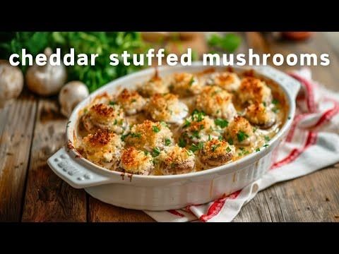 a casserole dish is shown with the words, cheddar stuffed mushrooms