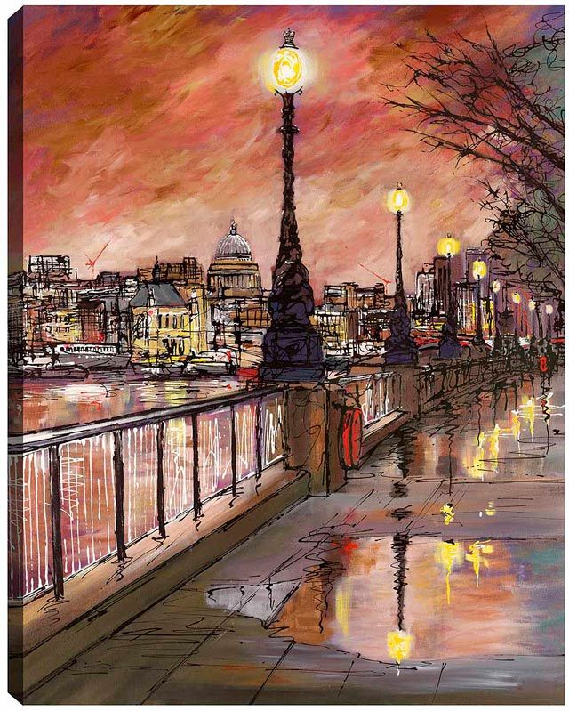 a painting of a cityscape at night with street lamps and buildings in the background