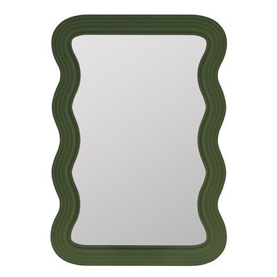 a green frame mirror with wavy lines on the bottom and sides, against a white background