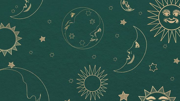 the sun, moon and stars are drawn in gold on green paper