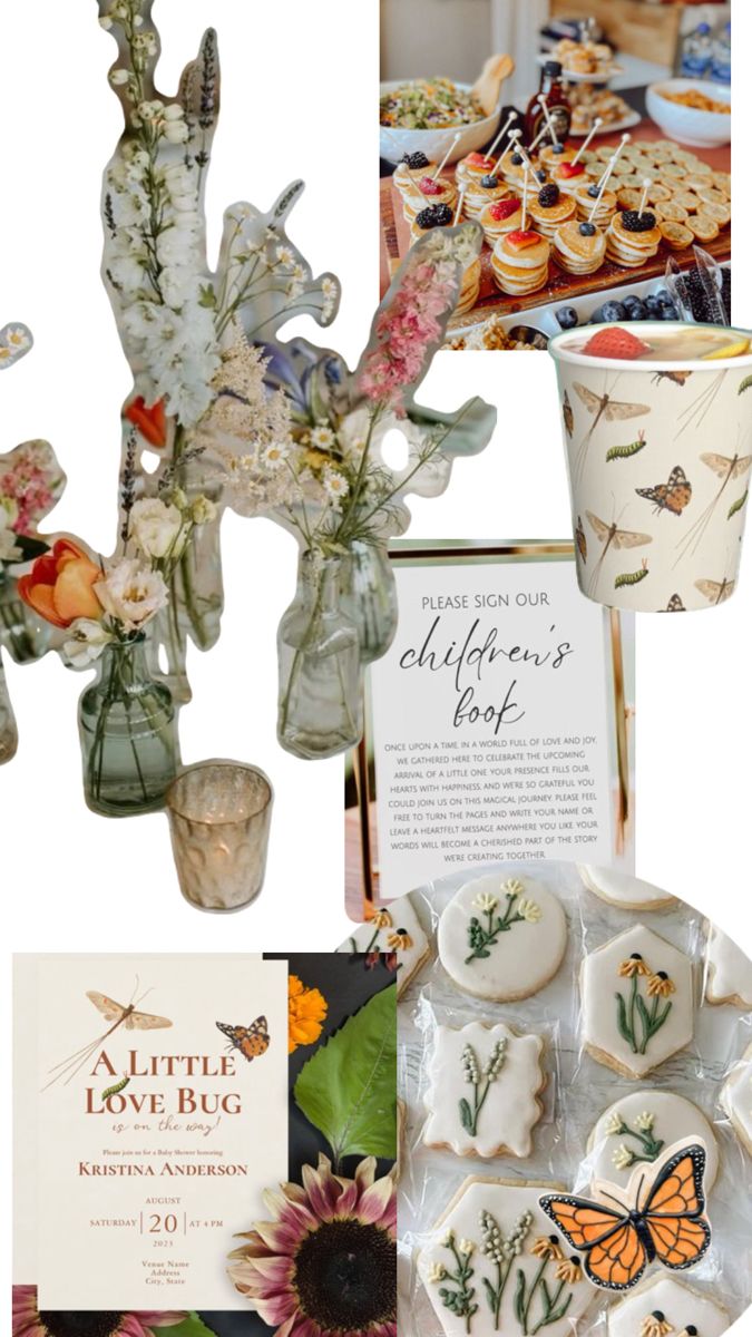 a collage of flowers, cookies and other items in glass vases on a table