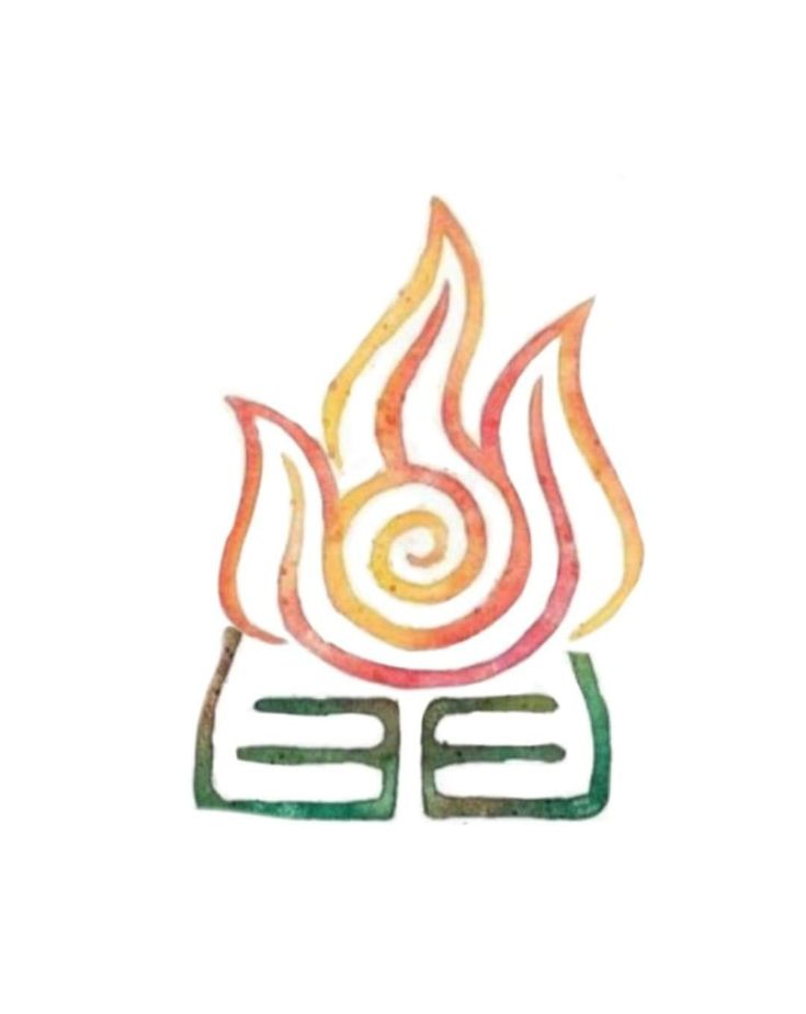 a drawing of a fire with flames coming out of the top and two different colors on it