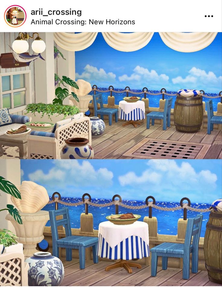 there are two pictures of a dining room with blue and white furniture in front of the ocean