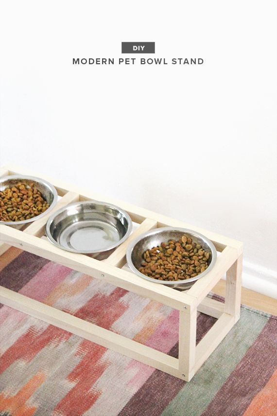 two metal bowls with food in them on a wooden stand next to a rug and white wall