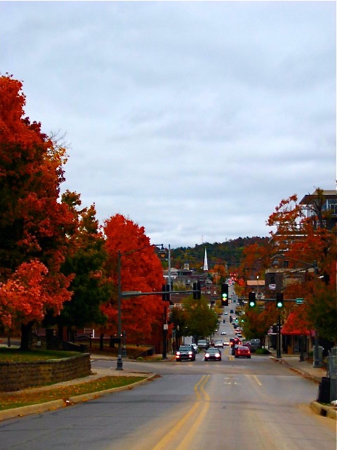 an empty street with cars parked on both sides and autumn trees lining the road in the background