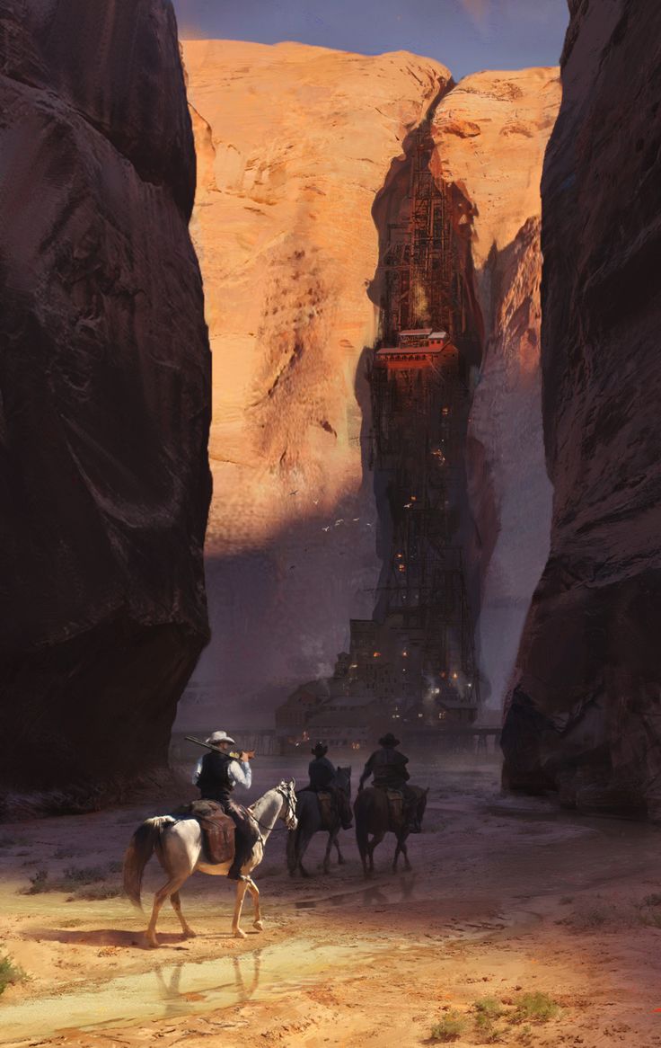 some people are riding horses in the desert near mountains and rocks, with a large structure in the background