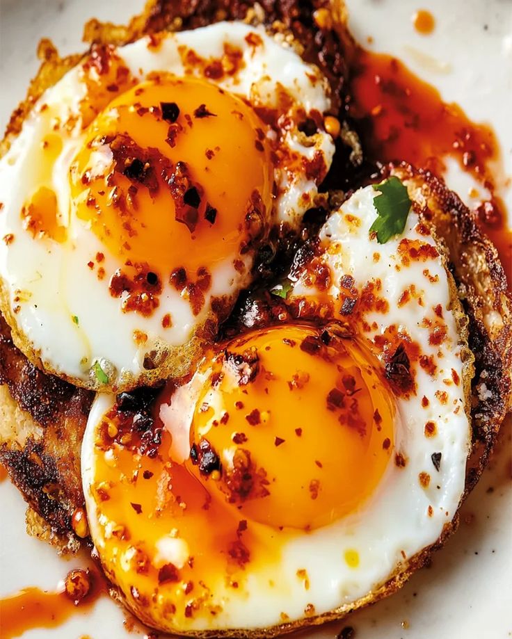 three fried eggs sitting on top of toasted bread with sauce and seasoning sprinkles