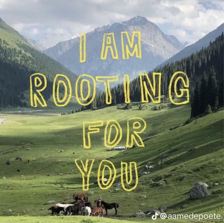 the words i am rooting for you are written in yellow on a green field with horses