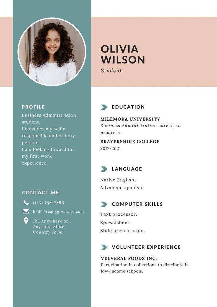 a professional resume template with a blue and pink stripe pattern on the front, and an image of a woman's face