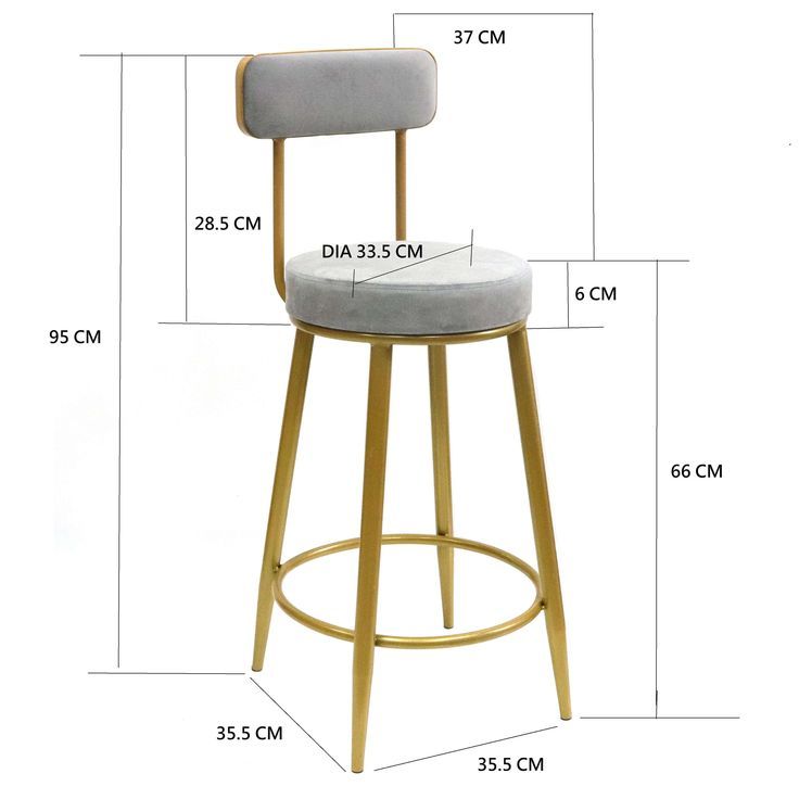 the measurements for an upholstered stool with a back and arms, shown in gold