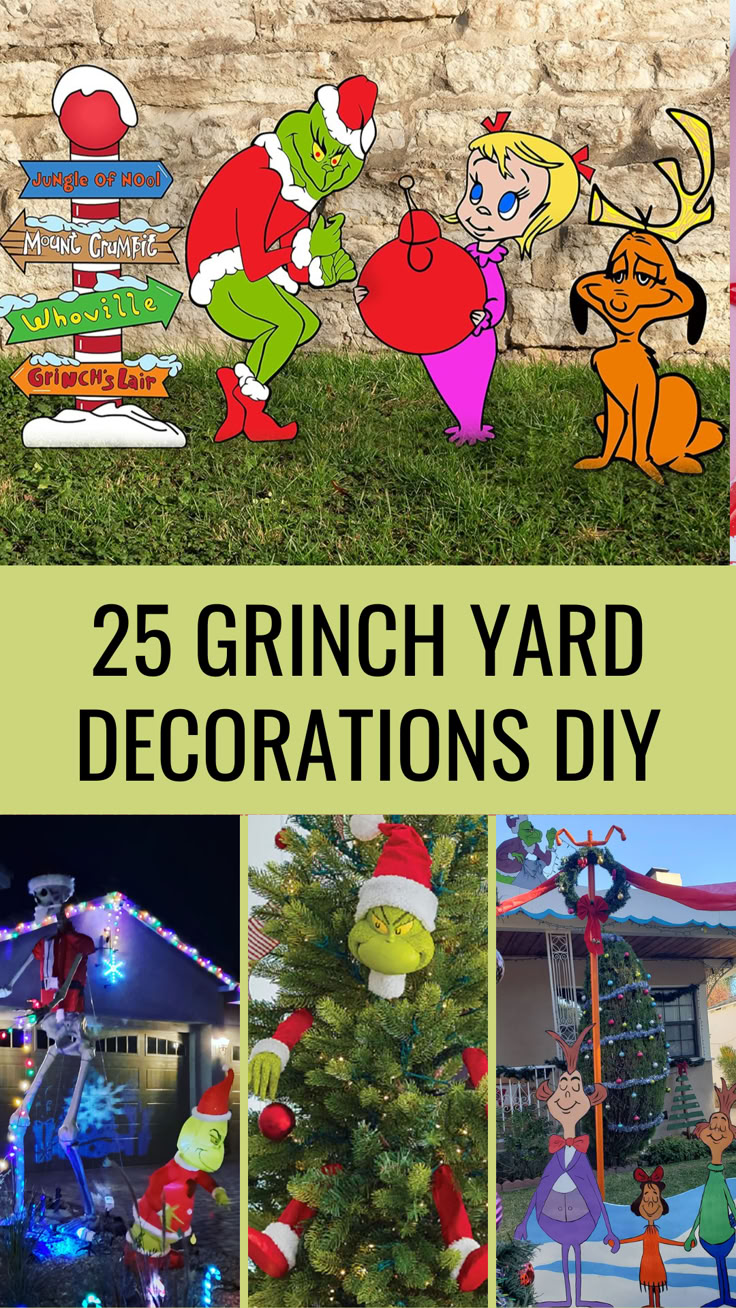 Collage of DIY Grinch yard decorations featuring whimsical, colorful setups inspired by Dr. Seuss’s How the Grinch Stole Christmas. Includes Grinch characters like the Grinch himself, Cindy Lou Who, and Max the dog, along with signs for locations such as Whoville. Grinch Diy Outdoor Decorations, Grinch Whoville Sign, Diy Grinch Christmas Decorations Outdoor Decor, Wooden Grinch Ideas, Grinch Taking Lights Off House, Wooden Grinch Yard Decorations, Diy Grinch Cutout, Grinch Yard Decor Outdoor Christmas, Grinch Train Diy