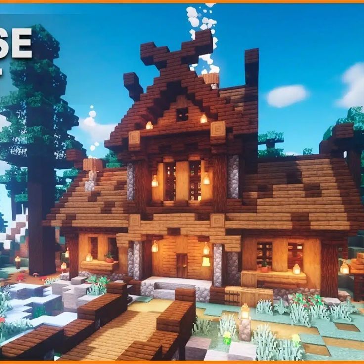 an image of a house made out of wood and stone with the words minecraft on it