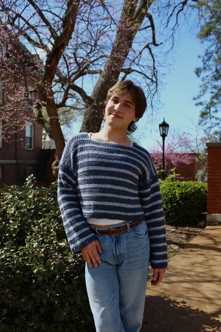 Striped blue crochet handmade cropped sweater Spring Striped Cropped Sweater, Striped Cropped Sweater For Spring, Striped Cropped Winter Sweater, Striped Cropped Sweater For Winter, Blue Cropped Knit Sweater, Cropped Crochet Sweater For Fall, Crochet Cropped Sweater For Fall, Fall Crochet Cropped Sweater, Blue Crochet Top For Winter