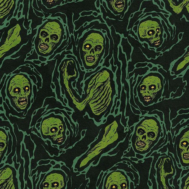 a green and black background with skulls on it