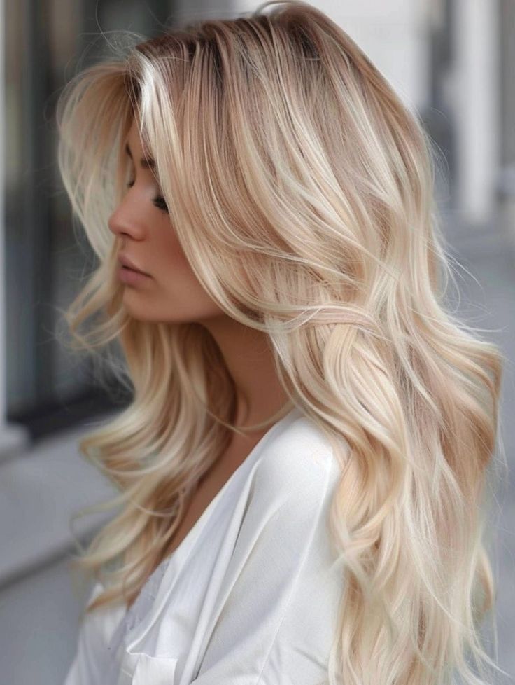 Italian Blonde Hair, Blonde Hair Inspiration Mid Length, Blonde Hair Color Ideas Cool Tones, Blonde Layered Hair With Curtain Bangs, Blonde Hair Color Ideas For Summer Highlights, Blonde Hair With Depth, Blonde Hair Volume, Blonde Highlights Cool Tone, Lived In Bright Blonde