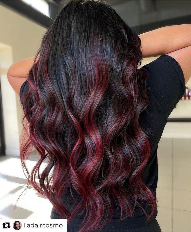 Balayage Hair Red And Black, Burgundy Peekaboo Highlights, Red Hair Balayage Black, Black To Wine Red Ombre Hair, Brown Hair With Red Highlights Burgundy, Dark Brown Burgundy Balayage, Dark Cherry Hair Balayage, Hair Colour Red Highlights, Wine Red Hair Color Highlights