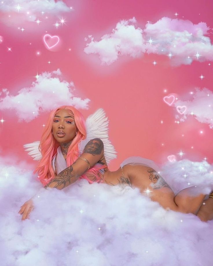 a woman with pink hair sitting on top of clouds