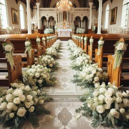 the aisle is decorated with white flowers and greenery