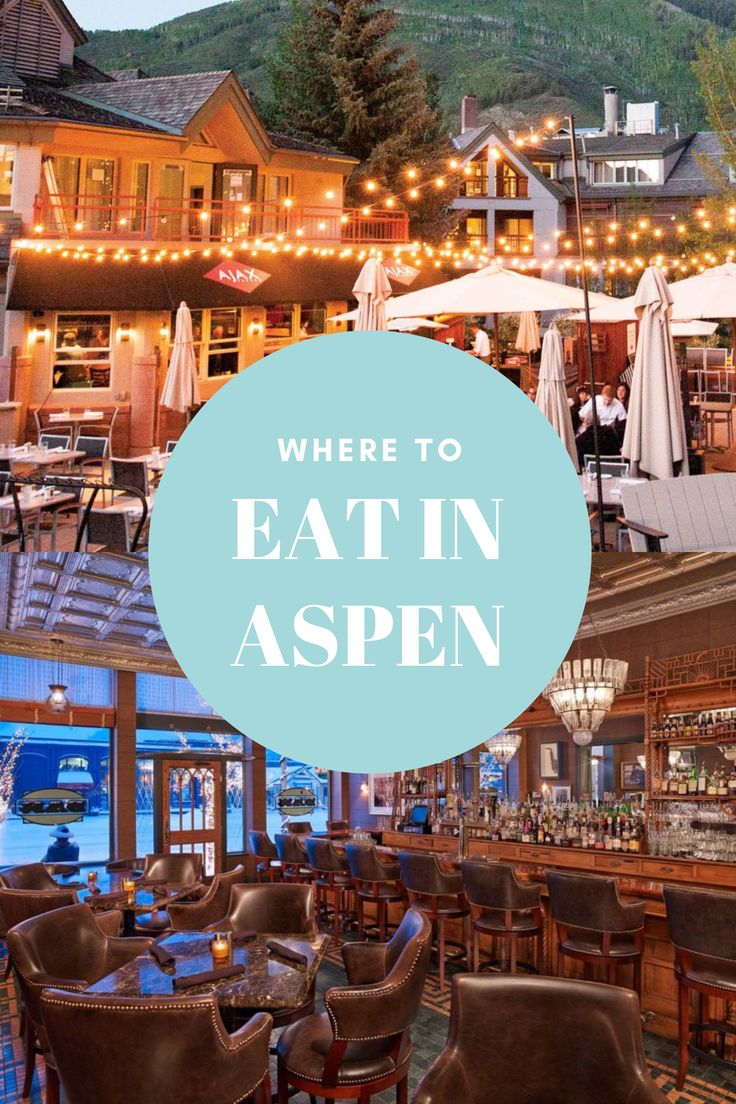 the inside of a restaurant with tables and chairs in front of an outside patio area that says where to eat in aspen