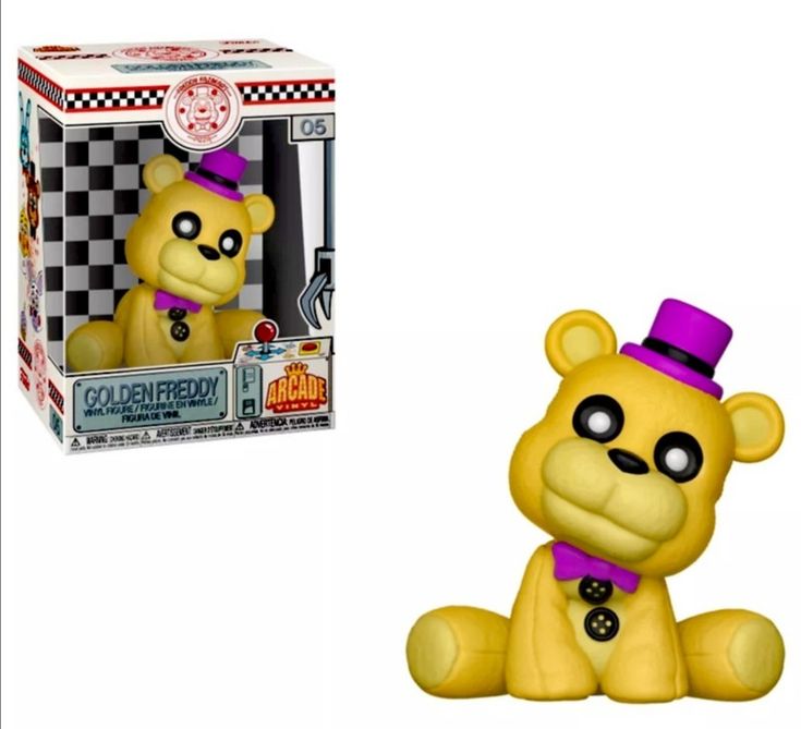 a yellow teddy bear with a purple hat and checkerboard pattern on it's face