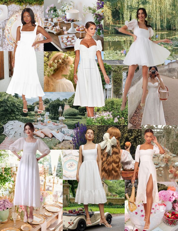 a collage of white dresses and accessories in various styles, colors, and sizes