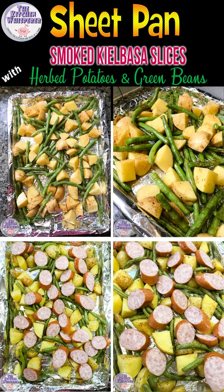 sheet pan filled with green beans, potatoes and sausages on top of tin foil