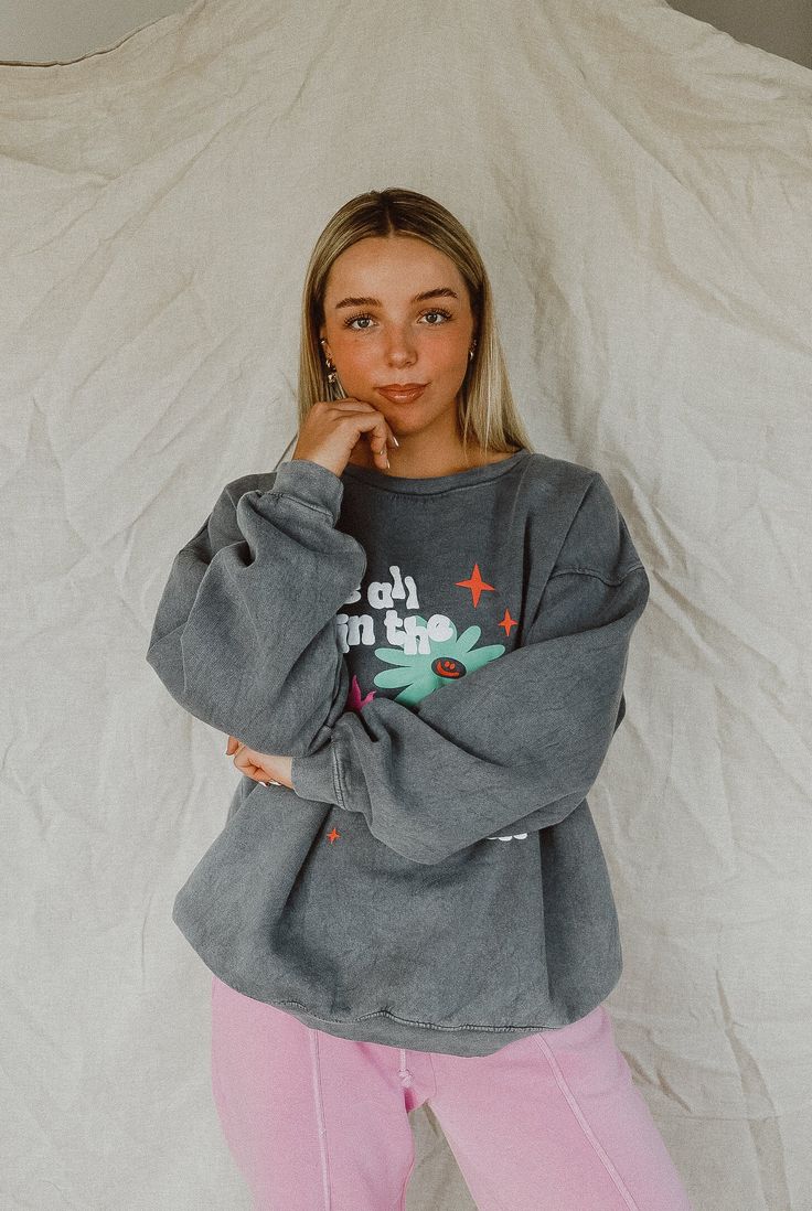 Can we even with this sweatshirt!! It is so unique and fun. It features puff print font, the coolest graphics and an oversized fit. If you want an even more oversized fit, size up. Miranda is 5'4" and wearing a size large. 70% COTTON 30% POLYESTER Trendy Crew Sweats For Spring, Cool Letter Print Sweatshirt For Streetwear, Oversized Graphic Print Sweater For Spring, Cute Oversized Long Sleeve Sweatshirt, Spring Sweatshirt With Graphic Print And Drop Shoulder, Drop Shoulder Graphic Print Sweatshirt For Spring, Oversized Long Sleeve Cute Sweatshirt, Cool Graphic Print Crew Neck Sweatshirt, Gray Graphic Print Sweater For Spring