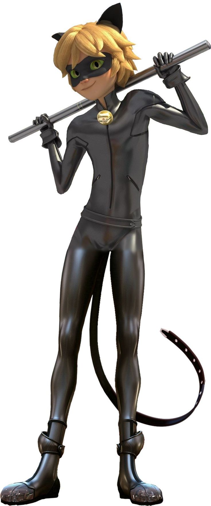 a cartoon character dressed in black cat suit and holding a large metal object on her shoulder