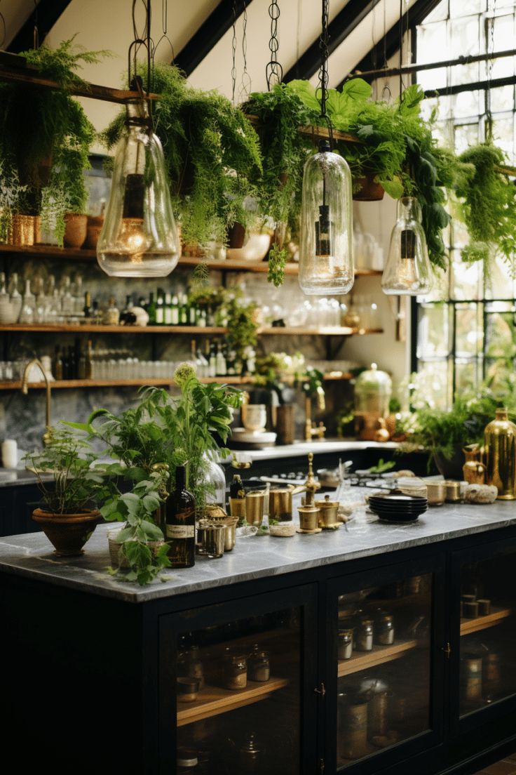 a kitchen filled with lots of plants and hanging lights