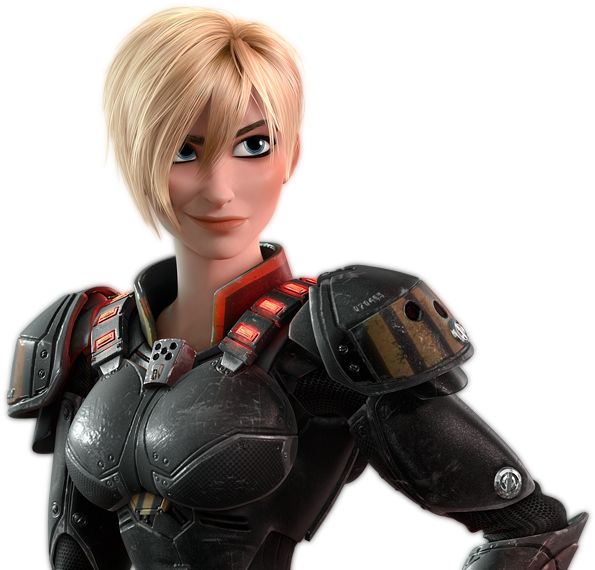 a cartoon character with short blonde hair and armor