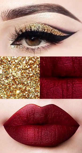 One of the best Christmas makeup looks - gold glitter eyeshadow, sexy eyeliner plus dark wine lipstick - fab! | makebeautysimple.com @Cath_Millen Dark Eyeliner, Gold Glitter Eyeshadow, Nails Videos, Lip Balm Brands, Tutorial Eyeshadow, Christmas Makeup Look, Smink Inspiration, Eyeliner Makeup, Makijaż Smokey Eye