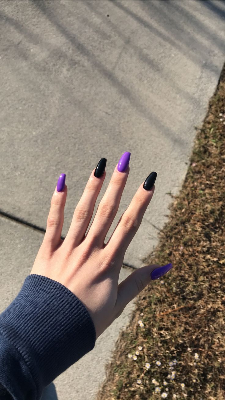 Purple Nails And Black, Cute Purple And Black Nails, Black And Purple Nails Simple, Black Nails With Purple Accent, Simple Nails Lavender, Purple Black Nails Ideas, Pastel Purple And Black Nails, Small Purple Nails, Black Purple Nails Ideas