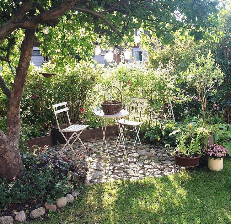 an outdoor garden with chairs and tables surrounded by greenery