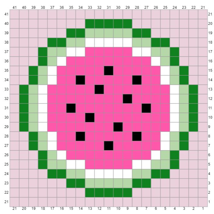 a pink and green square with black squares on the bottom, and white dots in the middle