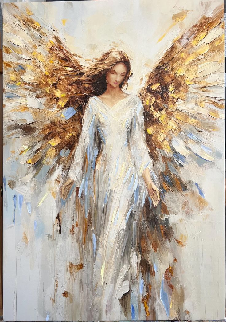 an oil painting of a woman with wings on a white background and gold paint splatters all over her body