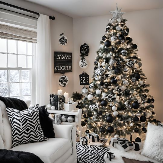 a living room with a christmas tree and black and white decorations on the walls,