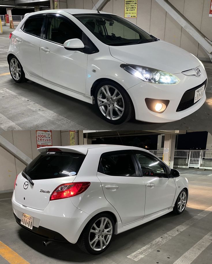 two pictures of a white car in a parking garage, one with its lights on