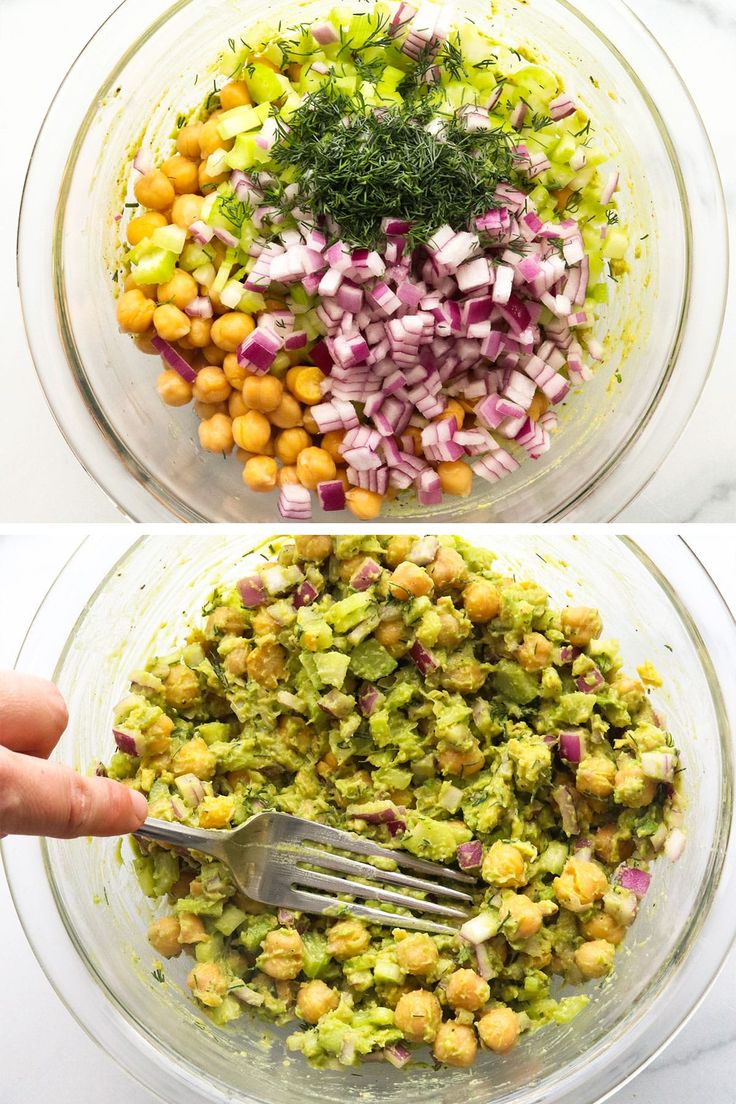 two pictures showing the process of making chickpeas salad in a glass bowl with a fork