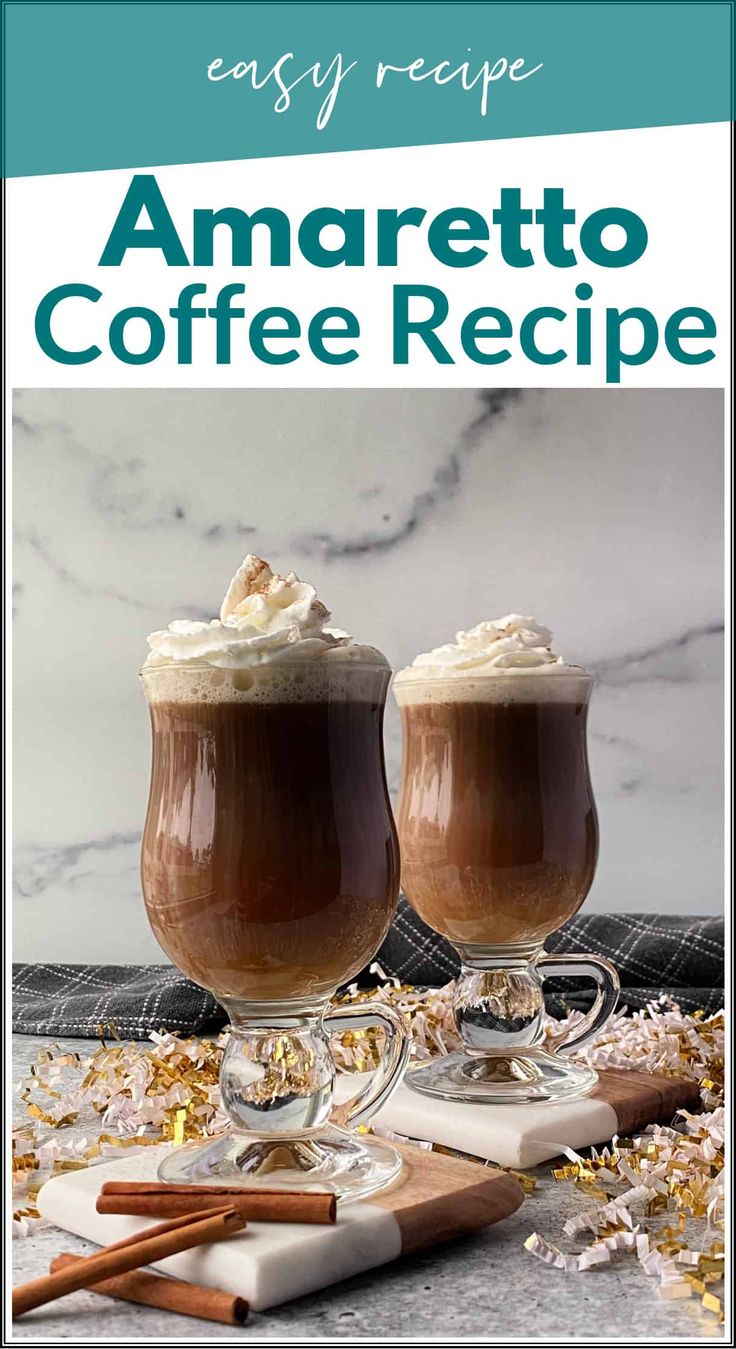 two glasses of coffee with whipped cream on top and cinnamon sticks in the bottom, sitting next to each other