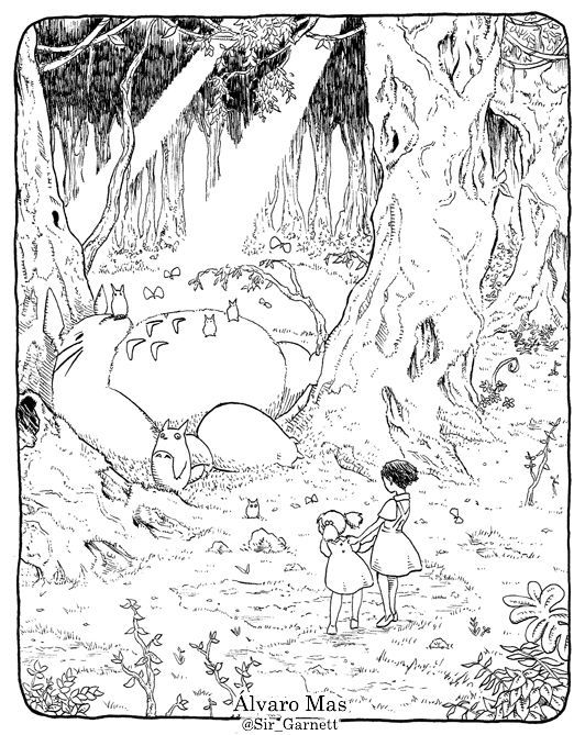 an image of a cartoon scene with two children in the woods, one is looking at a