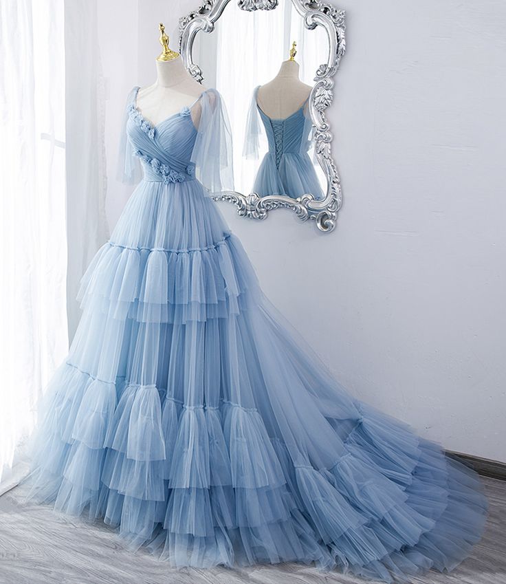 Blue V neck tulle long prom dress A line evening dress · Little Cute · Online Store Powered by Storenvy Disney Princess Prom Dress, Reign Costumes, Disney Prom Dresses, Constellation Wedding, Wedding Vegas, Gaun Abad Pertengahan, Princess Evening Dress, Tulle Long Prom Dress, Blue Evening Gowns