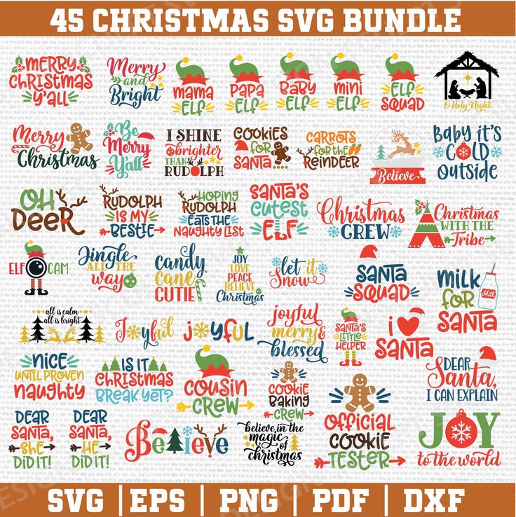 the christmas svg bundle is shown in different font styles