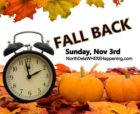 an alarm clock sitting on top of a pile of leaves next to pumpkins with the words fall back sunday, november 3rd