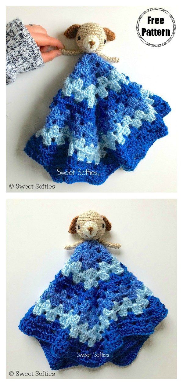 crocheted teddy bear blanket with blue and white squares on it, sitting next to a stuffed animal