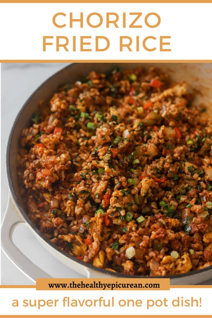 A side shot of a pot of chorizo fried rice. Rice With Bell Peppers, Chorizo Recipes Dinner, Mexican Fried Rice, Chorizo Rice, Breakfast Fried Rice, Chorizo Breakfast, Chorizo And Eggs, Cilantro Rice, Cheese Rice