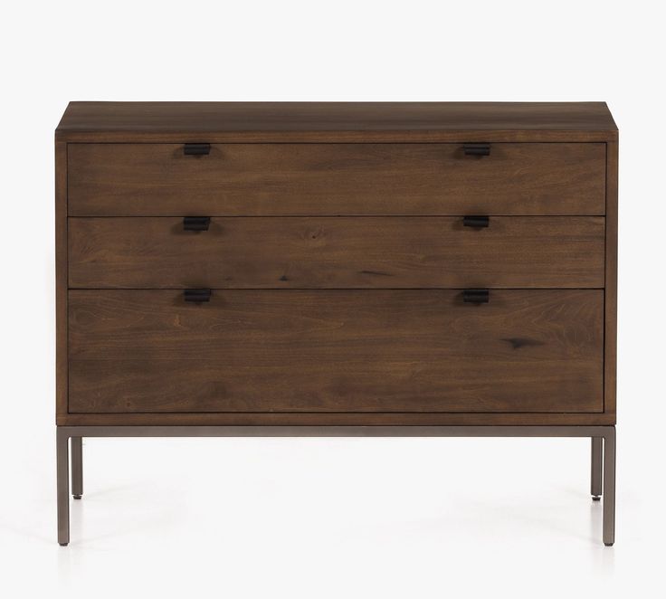 the chest of drawers is made out of wood and has two metal handles on each side