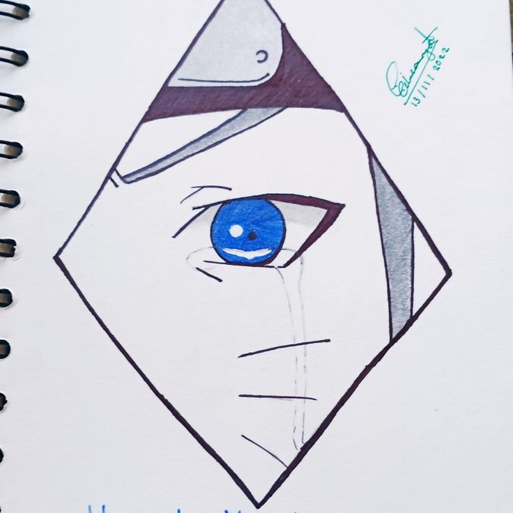 a drawing of an eye with a hat on it's head and the caption in blue