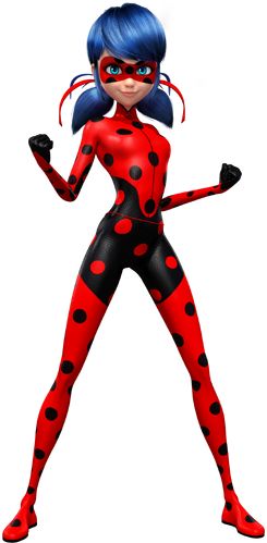 a cartoon lady bug with blue hair and red makeup